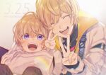  2boys :d ^_^ aged_down ahoge arm_around_neck black_shirt blonde_hair blush child chromatic_aberration closed_eyes coat commentary_request dated dual_persona fura_kanato fura_kanato_(1st_costume) gold_necklace hair_between_eyes hand_up highres jewelry kaburagi_(pnoir087) light_particles long_sleeves looking_at_viewer male_focus multiple_boys necklace nijisanji open_clothes open_coat open_mouth orange_hair purple_eyes shirt short_hair sleeves_past_fingers sleeves_past_wrists smile teeth turtleneck two-sided_coat two-sided_fabric v virtual_youtuber white_background white_coat zipper 