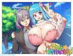  1boy 1girl :d ahoge antenna_hair arm_around_shoulder black_jacket blue_gemstone blue_hair blue_sky blush bra breasts cleavage cloud collarbone collared_shirt curvy day detached_sleeves eyes_visible_through_hair frilled_sleeves frills gem gold_belt green_eyes grey_shirt hair_between_eyes hair_ornament happy happy_birthday heart highres huge_breasts jacket lens_flare light_particles linea_alba long_hair navel neck_ruff non-circular_lens_flare open_mouth original outdoors panty_straps pink_bra pink_sleeves pixiv_id plant purple_eyes purple_gemstone purple_hair shiny_skin shirt short_hair signature sky small_sweatdrop smile stomach teeth tongue tree twitter_username umigarasu_(kitsune1963) underwear upper_teeth_only v very_long_hair 