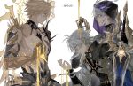  3boys absurdres alternate_form antenna_hair armor bare_pectorals black_choker black_cloak black_gloves black_shirt blonde_hair blue_cape blue_eyes cape choker cloak coat commentary_request cracked_skin dark_persona dripping fingerless_gloves flame_reaver_of_the_deepest_dark gloves hair_between_eyes halo halo_behind_head highres holding holding_sword holding_weapon honkai:_star_rail honkai_(series) hood hood_up hooded_cloak male_focus material_growth multiple_boys multiple_persona oh_qing_yang pauldrons pectorals phainon_(honkai:_star_rail) shirt short_hair shoulder_armor simple_background single_glove single_pauldron sword torn_clothes torn_shirt watermark weapon white_background white_coat white_hair yellow_blood yellow_eyes 