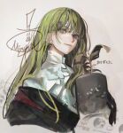  1other androgynous brown_background earrings enkidu_(fate) fate/grand_order fate_(series) green_eyes green_hair hair_between_eyes jewelry long_hair looking_at_viewer mizutame_tori other_focus plant potted_plant shirt signature smile solo watermark white_shirt 