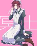  alternate_costume apron black_legwear bonnet cross-laced_footwear crossdressing enmaided free! juliet_sleeves long_sleeves maid maid_cap male_focus matsuoka_rin mitui321 pantyhose puffy_sleeves red_eyes red_hair sitting yokozuwari 