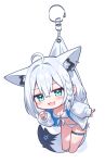  1girl ahoge animal_ears bikini breasts chibi cleavage commentary_request deformed fox_ears fox_girl fox_shadow_puppet full_body highres hololive jacket jacket_over_swimsuit long_hair open_clothes open_jacket shirakami_fubuki side-tie_bikini_bottom simple_background solo swimsuit verdey virtual_youtuber white_background white_bikini white_hair white_jacket 