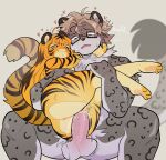 anthro arm_around_shoulders balls blonde_hair bodily_fluids carrying_another carrying_partner chewtoyys duo eyewear feet felid female genital_fluids genitals glasses hair heart_symbol hi_res holding_partner looking_at_another looking_pleasured male male/female mammal open_mouth pantherine penetration penis sex snow snow_leopard text tiger tiggy_(chewtoyys vaginal vaginal_penetration yarn_(snowwhisk)