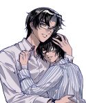  2boys absurdres alternate_universe bandaged_arm bandages black_hair bleeding blood blood_on_neck collared_shirt dao_gui_yi_xian eyepatch fork glasses grey_eyes hand_on_another&#039;s_head height_difference highres holding holding_fork hospital_gown hug li_huowang li_huowang_(modern_world) long_sleeves looking_at_another looking_at_viewer male_focus medical_eyepatch multiple_boys official_alternate_costume official_alternate_hair_length official_alternate_hairstyle one_eye_covered parted_lips qing_wanglai red_eyes scar scar_on_face shirt short_hair simple_background smile stab striped_clothes striped_shirt teeth upper_body vertical-striped_clothes vertical-striped_shirt watch white_background white_shirt wristwatch wuzi3742 yaoi 