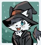 2018 anthro black_clothing black_hoodie black_topwear blue_eyes blush border bust_portrait canid canine chest_tuft clothing digital_media_(artwork) dipstick_tail fir_(youtuber) fox fur green_background hat headgear headwear hi_res hoodie male mammal markings miri one_eye_closed open_mouth portrait simple_background smile solo tail tail_markings topwear tuft white_body white_border white_fur witch_hat