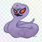 2025 abdominal_bulge ambiguous_gender apode arbok artist_name duo eyes_closed feral forked_tongue generation_1_pokemon hi_res legless long_body makar-ro nintendo pokemon pokemon_(species) purple_body purple_scales scales serpentine simple_background smile soft_vore solo_focus text tongue tongue_out vore