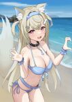  1girl alternate_costume animal_ear_fluff animal_ears bandaid bandaid_hair_ornament bare_shoulders beach belt bikini blonde_hair blue_belt blue_bikini blue_hair blue_nails blue_scrunchie blue_sky blush breasts claw_pose cleavage collarbone dog_ears dog_girl dog_tail front-tie_bikini_top front-tie_top fuwawa_abyssgard hair_ornament hairclip heart heart_hands heart_hands_duo highres hololive hololive_english horn_hairband large_breasts long_hair looking_at_viewer multicolored_hair navel open_mouth parallel_hairclips pink_eyes scrunchie siblings side-tie_bikini_bottom sisters sky smile solo stomach swimsuit taachika tail virtual_youtuber wrist_scrunchie x_hair_ornament 