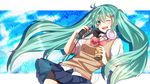  bow bowtie green_eyes green_hair hair_ornament hairclip hatsune_miku headphones headphones_around_neck long_hair microphone microphone_stand one_eye_closed open_mouth skirt sweater_vest twintails very_long_hair vocaloid yukina_yotsuba 
