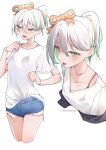  1girl absurdres airenif alternate_costume alternate_hairstyle blue_shorts bra_visible_through_clothes cecilia_immergreen colored_inner_hair cropped_legs denim denim_shorts doll doll_joints double-parted_bangs green_eyes green_hair grey_hair hair_between_eyes hair_ornament highres hololive hololive_english joints looking_at_viewer multicolored_hair multiple_views open_mouth ponytail shirt shirt_partially_tucked_in short_hair short_shorts short_sleeves shorts simple_background streaked_hair t-shirt virtual_youtuber white_background white_shirt winding_key 