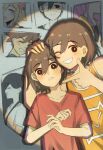  2boys ;d absurdres aged_down aubrey_(faraway)_(omori) aubrey_(omori) bailan1130 bare_shoulders basil_(faraway)_(omori) basil_(omori) black_eyes blush bright_pupils brown_hair clenched_teeth collarbone double-parted_bangs dual_persona film_grain fingernails grey_background grin hair_behind_ear hair_between_eyes hand_on_another&#039;s_head hero_(faraway)_(omori) hero_(omori) highres kel_(faraway)_(omori) kel_(omori) looking_at_viewer male_focus mari_(omori) mari_(spirit)_(omori) multiple_boys omori one_eye_closed orange_tank_top pointing pointing_at_another red_shirt shirt short_hair short_sleeves simple_background smile spoilers sunny_(omori) t-shirt tank_top tearing_up teeth time_paradox upper_body white_pupils 