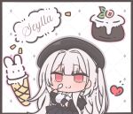  1girl artist_name azur_lane beret black_hat character_name chibi chibi_only food futaba_(anti_clockwise) hair_between_eyes hat ice_cream long_hair looking_at_viewer official_alternate_costume red_eyes scylla_(azur_lane) scylla_(femme_fatale_fresher)_(azur_lane) solo white_hair 