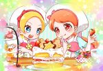  +_+ 2girls :3 :q aihira_(aihira12) apron aqua_background aqua_dress bare_arms battle beret blonde_hair blue_eyes bow bowl bright_pupils brooch brown_eyes brown_hair buttons cake closed_mouth collared_shirt dot_nose dress eyelashes finger_to_mouth flower flower_brooch food fruit grey_background hat hat_bow high_collar holding holding_food holding_fruit holding_pasteur_pipette jewelry kirahoshi_ciel kirakira_patisserie_uniform kirakira_precure_a_la_mode light_blush long_hair looking_at_food macaron multiple_girls open_mouth pasteur_pipette pink_apron pink_bow plate precure puffy_short_sleeves puffy_sleeves shirt shirt_under_dress short_sleeves smile sparkling_eyes star_(symbol) strawberry strawberry_shortcake table tareme teeth tongue tongue_out two-tone_background upper_body upper_teeth_only usami_ichika v-shaped_eyebrows vertical-striped_background very_long_hair wavy_hair white_hat white_pupils white_shirt yellow_flower 