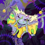  1boy ben-day_dots black_sclera black_shirt blonde_hair chromatic_aberration claws clown colored_sclera colored_skin colored_tongue deltarune fangs grey_skin hat highres humanization jester jester_cap jevil long_sleeves neck_ruff paint_splatter pointy_ears scar_across_eyes screentones shirt short_hair solo solo_focus spade_(shape) tongue tongue_out watermark yellow_eyes yokaze_(xxxdisxxx) 