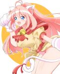  1girl animal_ears animal_hands arm_up bell bent_over blue_eyes blush breasts cat_ears cat_paws cat_tail dress gloves hair_between_eyes high_ponytail highres leotard long_hair looking_at_viewer m_(muimui_11) melody_sinclair open_mouth paw_gloves pink_hair pink_leotard ponytail ribbon short_sleeves simple_background smile solo standing tail tail_ornament tail_ribbon thighs wide_ponytail yellow_dress yuukyuu_gensoukyoku 