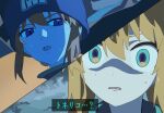  2girls aesc_(fate) amate_yuzuriha amate_yuzuriha_(cosplay) aqua_eyes artoria_caster_(fate) artoria_pendragon_(fate) beanie blonde_hair commentary_request cosplay fate/grand_order fate_(series) fuyotan gundam gundam_gquuuuuux hat highres multiple_girls open_mouth parody purple_eyes scene_reference subtitled sweat translation_request wet wet_hair wide-eyed 