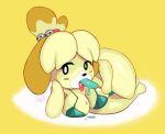 animal_crossing anthro big_breasts bikini black_eyes black_nose blush blush_stickers breasts canid canine canis clothing dessert domestic_dog eating_ice_cream featureless_hands female floppy_ears food front_view green_bikini green_clothing green_swimwear hi_res holding_food holding_ice_cream holding_object ice_cream isabelle_(animal_crossing) looking_at_viewer lop_ears lying mammal nintendo on_side phrenpai shih_tzu simple_background solo swimwear thick_thighs tongue tongue_out toy_dog two-piece_swimsuit wide_hips yellow_background