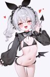 1girl bikini black_bikini black_hairband blush breasts bright_pupils demon demon_girl demon_tail demon_wings frilled_bikini frills fymrie grey_hair hairband highres long_hair long_sleeves looking_at_viewer mini_wings navel open_mouth original red_eyes simple_background small_breasts smile solo swimsuit tail twintails white_background white_pupils wings 