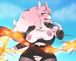 absurd_res anthro azalea_(witchyhearts) berrypunchz big_breasts bottomwear bouncing_breasts breasts canid canine clothing female fox front_view fur hair hi_res holding_object holding_weapon innie_vulva long_hair mammal pink_body pink_fur pink_hair shorts solo surprised_expression thick_thighs vulva wardrobe_malfunction weapon wide_hips