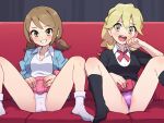  2girls :d black_socks black_sweater blonde_hair blush breasts brown_eyes brown_hair chiwino clothes_lift collared_shirt commentary_request couch grin hand_up happy indoors jacket knees lass_(pokemon) lifting_own_clothes long_hair multiple_girls open_clothes open_jacket open_mouth panties pink_skirt pokemon pokemon_oras pokemon_xy purple_panties shirt short_twintails skirt skirt_lift smile socks spread_legs sweater teeth twintails underwear upper_teeth_only white_panties white_shirt white_socks 