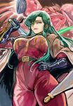  1girl absurdres belt black_belt black_cape black_gloves bodysuit breasts cape cima_garahau commentary dated elbow_gloves gerbera_tetra gloves green_eyes green_hair gundam gundam_0083 highres looking_at_viewer mecha mobile_suit okrdisk2000 one-eyed red_bodysuit robot rubber_gloves science_fiction smile solo symbol-only_commentary 