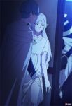  1girl 2boys artist_name blue_hair blue_tunic cloak clothes_lift commentary dress dress_lift earrings elf english_commentary frieren green_eyes hand_on_another&#039;s_thigh heiter hetero highres himmel_(sousou_no_frieren) indoors jewelry long_hair long_pointy_ears long_sleeves looking_to_the_side multiple_boys night parted_bangs patreon_logo patreon_username pointy_ears short_eyebrows short_hair short_sleeves sleeping sousou_no_frieren standing teardrop_earrings thick_eyebrows thighs tunic white_cloak white_dress zuharu 