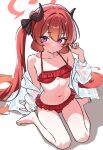  1girl barefoot bikini blue_archive breasts demon_horns frilled_bikini frills halo highres horns hr.r jacket jacket_partially_removed junko_(blue_archive) long_hair looking_at_viewer open_clothes open_jacket purple_eyes red_bikini red_hair red_halo simple_background sitting small_breasts solo swimsuit twintails wariza white_background white_jacket 