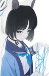  1girl animal_ear_fluff animal_ears black_eyes black_nails black_necktie blue_archive blue_halo blue_neckerchief blue_string bright_pupils cat&#039;s_cradle cat_ears cat_girl halo highres kikyou_(blue_archive) kimono_on_shoulders light_blush looking_at_viewer neckerchief necktie pale_skin short_hair smile solo white_background white_pupils yuzuki3280 