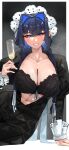  1girl absurdres alcohol black_bra black_dress blue_eyes blue_hair blush bra braid breasts breath champagne champagne_flute collarbone colored_inner_hair cup dress drinking_glass drunk hair_intakes half-closed_eyes highres holding holding_cup hololive hololive_english large_breasts long_hair long_sleeves looking_at_viewer low_twin_braids maid multicolored_hair official_alternate_hairstyle open_clothes ouro_kronii ouro_kronii_(maid) rikuje solo sweat tsurime twin_braids underwear very_long_hair virtual_youtuber 