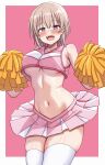  1girl bare_shoulders breasts brown_hair cheerleader cream-chan_(creamsherry) crop_top highres holding holding_pom_poms large_breasts midriff miniskirt navel nootomo original pink_background pink_skirt pleated_skirt pom_pom_(cheerleading) purple_eyes short_hair simple_background skirt thighhighs underboob white_thighhighs 