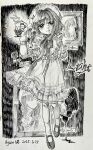  1girl absurdres again_nuo artist_name bow candle candlelight chin_strap closed_mouth dated doll dress eagle_(reverse:1999) english_text frilled_dress frilled_hairband frills full_body gloves graphite_(medium) greyscale hairband hand_up highres holding holding_candle holding_doll looking_at_viewer medium_dress monochrome official_alternate_costume picture_frame puffy_short_sleeves puffy_sleeves reverse:1999 short_hair short_sleeves signature smile solo traditional_media 