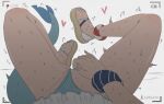  1girl blue_panties clothing_aside commentary female_masturbation female_pov fingering fins fish_tail fuzzlogik highres indie_virtual_youtuber livestream masturbation panties panties_aside pov sameko_saba sandals shark_girl shark_tail solo sweat tail underwear white_background 