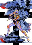  1boy absurdres aircraft armor attack_helicopter cyborg faceplate fighting_stance gray_fox helicopter helmet highres holding holding_sword holding_weapon katana male_focus metal_gear_(robot) metal_gear_(series) metal_gear_solid military_vehicle motor_vehicle ninja official_art one-eyed power_suit reverse_grip science_fiction shinkawa_youji solo sword tank weapon 