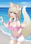  1girl alternate_costume animal_ear_fluff animal_ears bandaid bandaid_hair_ornament bare_shoulders beach belt bikini bikini_under_shorts blonde_hair blue_eyes blue_sky blush breasts claw_pose cleavage collarbone dog_ears dog_girl dog_tail front-tie_bikini_top front-tie_top hair_ornament headphones heart heart_hands heart_hands_duo highres hololive hololive_english horn_hairband looking_at_viewer medium_breasts mococo_abyssgard multicolored_hair navel open_mouth pink_belt pink_bikini pink_hair pink_nails pink_scrunchie scrunchie short_hair short_shorts shorts sky smile solo stomach swimsuit taachika tail unworn_headphones virtual_youtuber white_shorts wrist_scrunchie x_hair_ornament 
