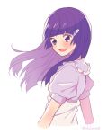  1girl aoki_reika apron artist_name blue_eyes blue_hair blue_shirt blunt_bangs blunt_ends blush collared_shirt cropped_torso eyelashes floating_hair frilled_shirt_collar frills from_behind hair_ornament hairclip happy long_hair looking_ahead looking_back nachuchoco open_mouth precure puffy_short_sleeves puffy_sleeves shirt short_sleeves sidelocks simple_background smile smile_precure! solo tareme white_apron white_background 