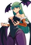  1girl black_leotard bridal_gauntlets darkstalkers demon_wings green_eyes green_hair head_wings highres leotard looking_at_viewer morrigan_aensland pantyhose purple_pantyhose smile solo tikuwabu_33 wings 