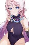  1girl absurdres armlet bare_shoulders blue_eyes blush breasts chobonu citlali_(genshin_impact) closed_mouth commentary covered_navel detached_sleeves facial_mark forehead_mark genshin_impact highres jewelry large_breasts leotard long_hair looking_at_viewer pink_hair pink_pupils purple_leotard purple_sleeves ribbed_leotard ribbed_sleeves see-through_collar simple_background solo symbol-only_commentary thighs triangle triangle_facial_mark usekh_collar white_background 