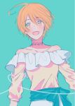  1girl ahoge aqua_background bare_shoulders blonde_hair blue_bow bow collarbone cowboy_shot eyelashes frilled_shirt frills hair_between_eyes happy heart heart_of_string hugtto!_precure kagayaki_homare light_blush long_sleeves looking_at_viewer nachuchoco neck_tattoo off-shoulder_shirt off_shoulder open_mouth precure puffy_long_sleeves puffy_sleeves shirt short_hair simple_background skirt smile solo standing tattoo three-quarter_sleeves waist_bow white_skirt yellow_eyes yellow_shirt 