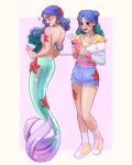  1girl aqua_hair artist_name blue_hair blue_shorts cora_(luztapiaart) gradient_hair highres holding holding_phone long_hair luztapiaart mermaid monster_girl multicolored_hair multicolored_shoes original phone shirt shoes short_shorts shorts socks starfish two-tone_hair two-tone_shoes watermark white_shirt white_shoes white_socks yellow_shoes 
