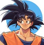  1boy artist_name black_eyes black_hair blue_background closed_mouth commentary dragon_ball english_commentary erinartista looking_to_the_side male_focus messy_hair no_pupils pectorals short_hair smile solo son_goku twitter_username two-tone_background upper_body white_background 