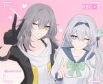  2girls black_gloves black_jacket blue_hairband blue_pupils blue_ribbon blue_sailor_collar bow bowtie collared_shirt firefly_(honkai:_star_rail) firefly_(spring_missive)_(honkai:_star_rail) gloves gradient_eyes green_bow green_bowtie grey_hair hair_between_eyes hair_intakes hair_ornament hair_ribbon hairband highres honkai:_star_rail honkai_(series) jacket kwahsyrup long_hair multicolored_eyes multiple_girls one_eye_closed open_clothes open_jacket pink_background polka_dot polka_dot_background recording ribbon sailor_collar shirt stelle_(honkai:_star_rail) trailblazer_(honkai:_star_rail) v viewfinder white_shirt yellow_eyes 
