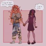  2girls animal_print black_skin blonde_hair colored_skin depresed-duck english_text green_eyes hand_grab highres long_hair multicolored_hair multiple_girls my_little_pony my_little_pony:_friendship_is_magic necktie pajamas purple_eyes purple_hair red_hair sci-twi shirt socks sunset_shimmer t-shirt thighhighs twilight_sparkle white_socks white_thighhighs yuri 