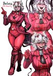  1girl beelzebub_(helltaker) blush boots bow bracelet breasts brooch character_name cleavage coat demon_horns fangs gloves helltaker highres horns index_finger_raised jewelry knee_boots large_breasts laughing licking_lips long_sleeves looking_at_viewer overcoat red_bow red_gloves red_shirt sfour_s4 shirt short_hair simple_background solo suit tail tongue tongue_out white_background white_hair wide_hips 