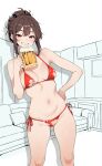  1girl alcohol beer beer_mug bikini breasts brown_eyes commentary_request cup feet_out_of_frame floral_print grin hair_bun hand_in_pocket hand_on_own_hip highres inamochi_keiichirou lineart medium_breasts monochrome_background mug original red_bikini red_eyes side-tie_bikini_bottom sidelocks smile solo swimsuit 