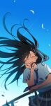  1girl black_hair blue_necktie closed_eyes collared_shirt commentary dress_shirt floating_hair grey_skirt hair_ornament hairclip highres kamiyama_high_school_uniform_(project_sekai) long_hair mikan_(migwang) necktie open_mouth plaid_clothes plaid_skirt pleated_skirt project_sekai railing school_uniform shiraishi_an shirt skirt solo white_shirt 