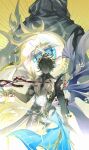  3boys alternate_form antenna_hair armor asymmetrical_wings black_choker black_cloak black_gloves black_shirt black_wings blonde_hair blue_cape blue_eyes cape choker cloak coat commentary cracked_skin dark_persona english_commentary fingerless_gloves flame_reaver_of_the_deepest_dark glitch gloves hair_between_eyes halo halo_behind_head highres honkai:_star_rail honkai_(series) hood hood_up hooded_cloak infinity_symbol male_focus material_growth multiple_boys multiple_persona pauldrons phainon_(honkai:_star_rail) qinglan1044 shirt short_hair shoulder_armor single_glove single_pauldron torn_clothes torn_shirt white_coat white_hair wings yellow_blood yellow_eyes yellow_wings 