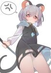  1girl absurdres anger_vein animal_ears black_dress blue_capelet capelet closed_mouth crystal dowsing_rod dress grey_hair gumingdi_ban hair_between_eyes highres holding jewelry long_sleeves looking_at_viewer mouse_ears mouse_girl mouse_tail nazrin necklace panties pendant red_eyes shirt short_hair simple_background solo speech_bubble spoken_anger_vein tail touhou underwear white_background white_panties white_shirt 