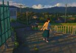  1girl barefoot black_hair blue_skirt blush commentary_request evening fjsmu forest glasses highres house mountainous_horizon nature original outdoors power_lines road rural scenery shirt short_hair skirt solo summer sunset utility_pole vanishing_point walking white_shirt 