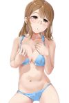  1girl :o absurdres blue_bra blue_panties blush bra breasts brown_eyes brown_hair commentary_request eyebrows_visible_through_hair glasses highres kntrs_(knyrs) kunikida_hanamaru looking_at_viewer love_live! love_live!_sunshine!! medium_breasts navel panties rimless_eyewear short_hair simple_background solo underwear underwear_only white_background 