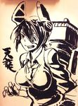  breasts cardigan eyepatch headgear ink_(medium) kanemaki_thomas kantai_collection large_breasts monochrome short_hair solo tenryuu_(kantai_collection) traditional_media 