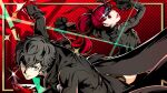 amamiya_ren black_coat black_hair black_ribbon coat commentary_request eye_mask gloves grey_eyes hair_ribbon hatiware12 holding holding_mask joker_(persona_5) long_sleeves looking_at_viewer mask messy_hair persona persona_5 persona_5_the_royal ponytail red_background red_eyes red_gloves red_hair ribbon smile sparkle star_(symbol) violet_(persona_5) yoshizawa_kasumi 